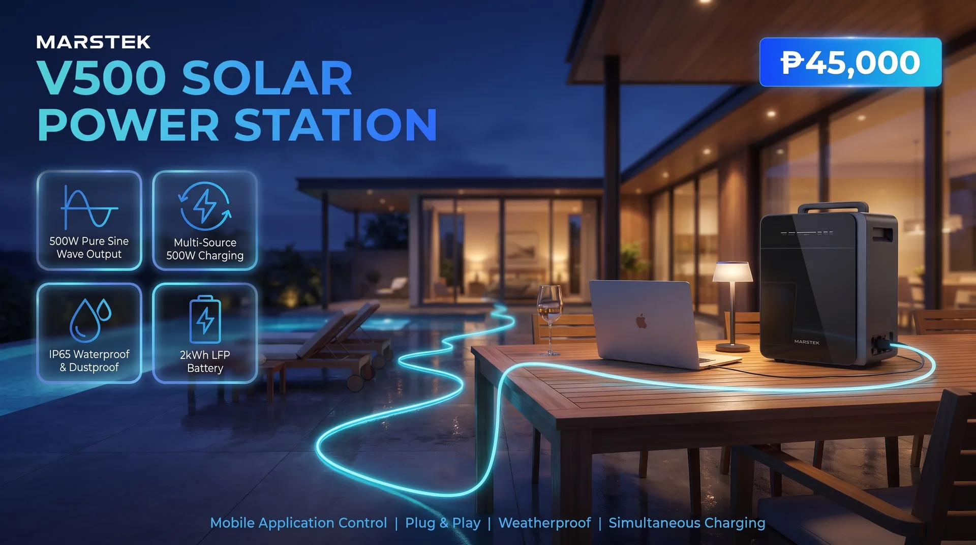 V500 Solar Power Station SRP flyer showing ₱45,000