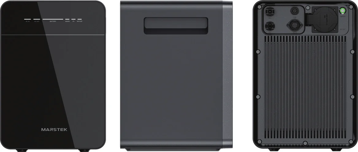 V500 renders: glossy black front with LED bar, side with carry handle recess, and rear with ports and heat-sink fins