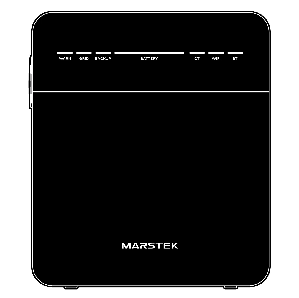 Official front drawing of the VENUS E Mini: rounded black box with WARN, GRID, BACKUP, BATTERY, CT, WIFI and BT indicator bars at the top and the MARSTEK wordmark at the bottom